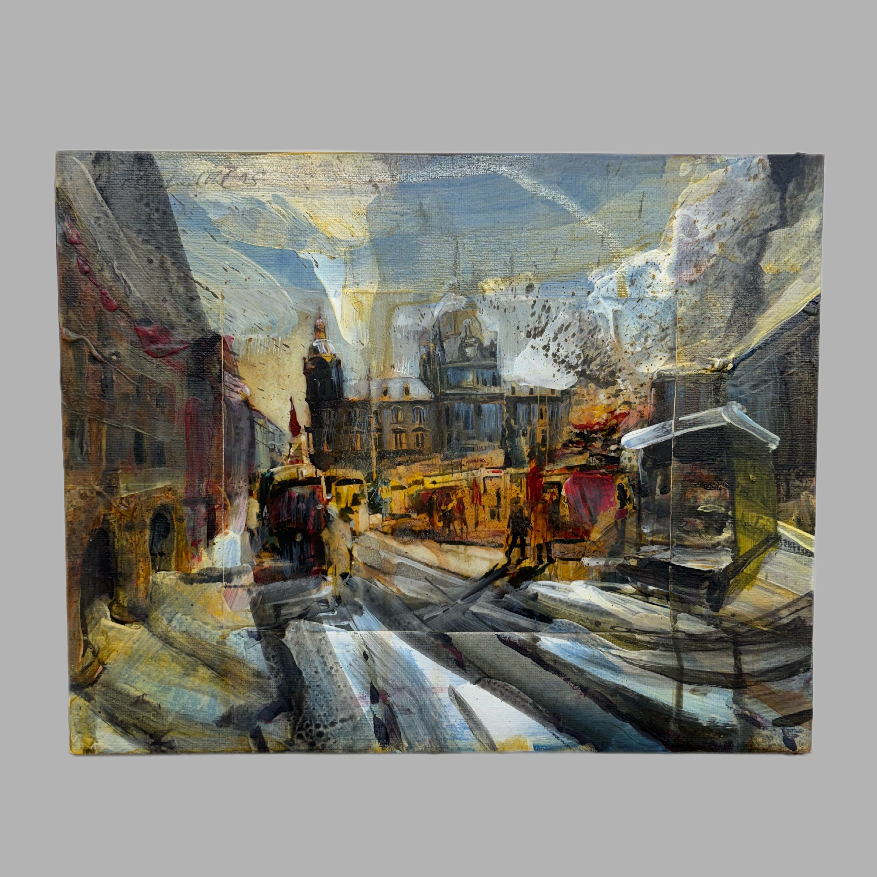 Painting of a city street scene with buildings and people.