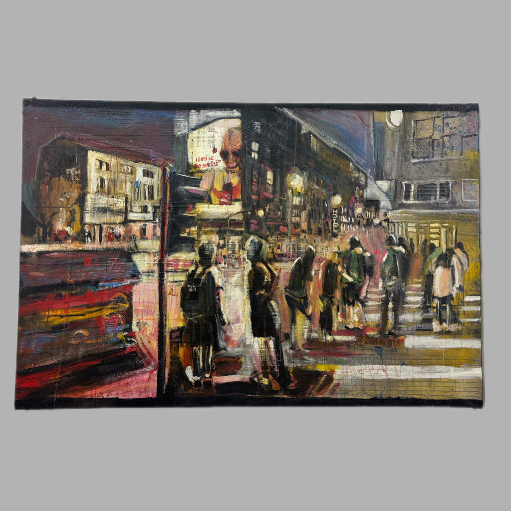 Artistic depiction of a city street scene with people and buildings.