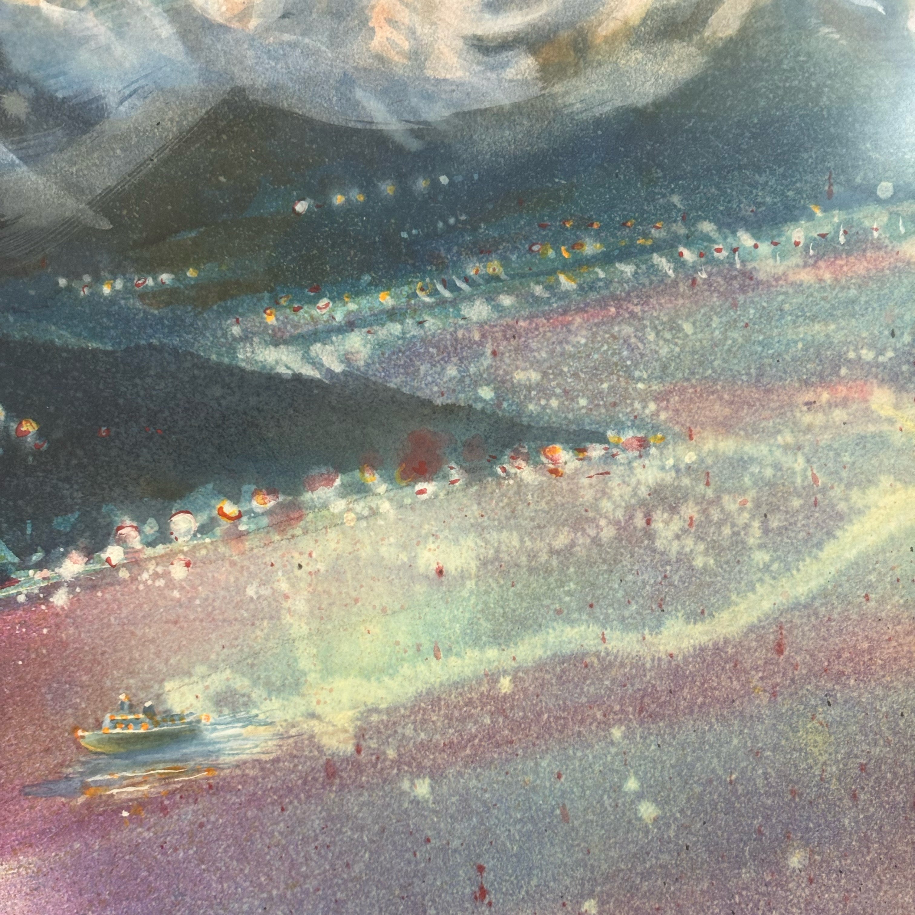 Artistic depiction of a mountainous landscape with a boat on a lake, using soft pastel colors.